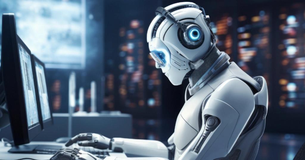 Agentic AI Workflow Automation with intelligent humanoid robot analyzing data and executing tasks on advanced computer systems