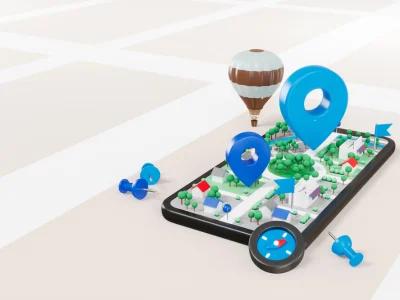 A smartphone screen displaying a digital map with location markers, hot air balloon icon, and map indicators. Local SEO for Multiple Locations.