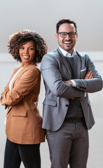 Two confident professionals representing marketing, consultancy, and SEO services in the UK, ready to drive website development growth