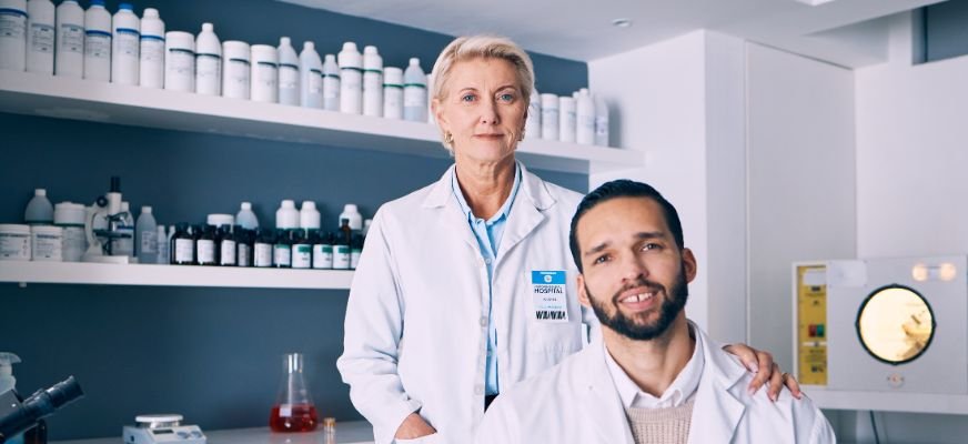 Two pharmacy professionals in white coats stand together in front of shelves stocked with medication bottles.